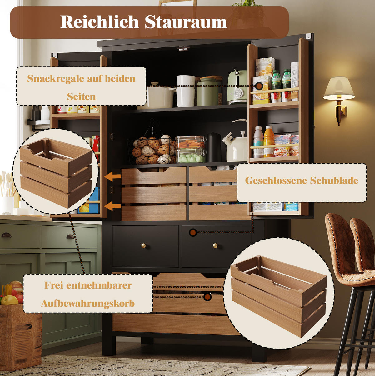 HIGHBOARD 80/40/140 cm aus MDF/Metall mit 5 Schubladen und Doppeltür Schwarz - Schwarz, Holzwerkstoff (80/140/40cm) - Modenvie