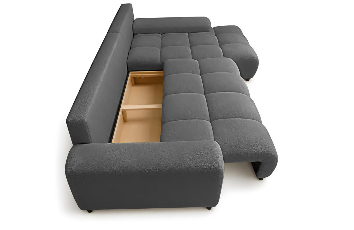 ECKSOFA Ovia mit Bettkasten und Schlaffunktion, Bouclé-Stoff in L-Form - Dunkelgrau, Textil (270/185cm)