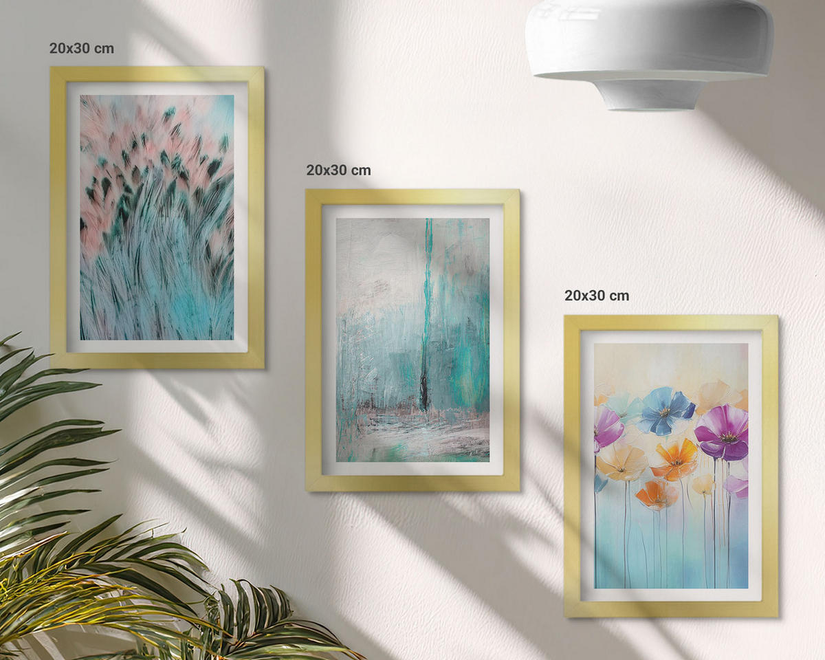 WANDBILDER 3er Set - 20x30 cm Goldrahmen - Hintergrundmuster mit Pastellblumen - Goldfarben, Kunststoff (20/30cm) - ArtPrintCave