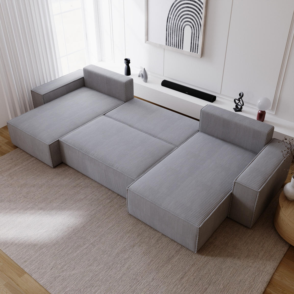 ECKSOFA U 380 cm Bergamo mit Schlaffunktion, Cordstoff, Grau - Grau, Holz (377/189cm) - Emporius
