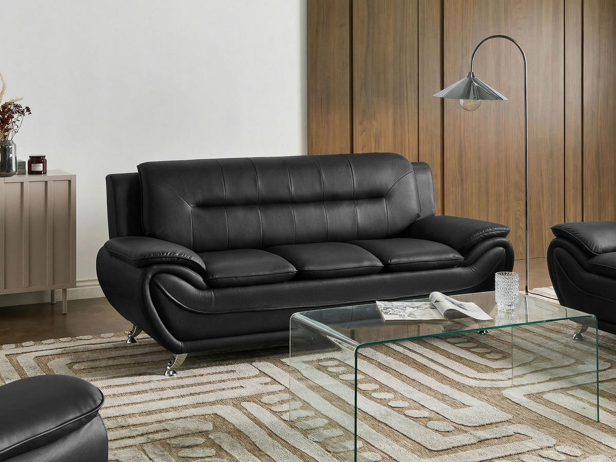 3-SITZER-SOFA Kunstleder Schwarz Leira - Silberfarben/Schwarz, Kunststoff (193/86/78cm) - Beliani