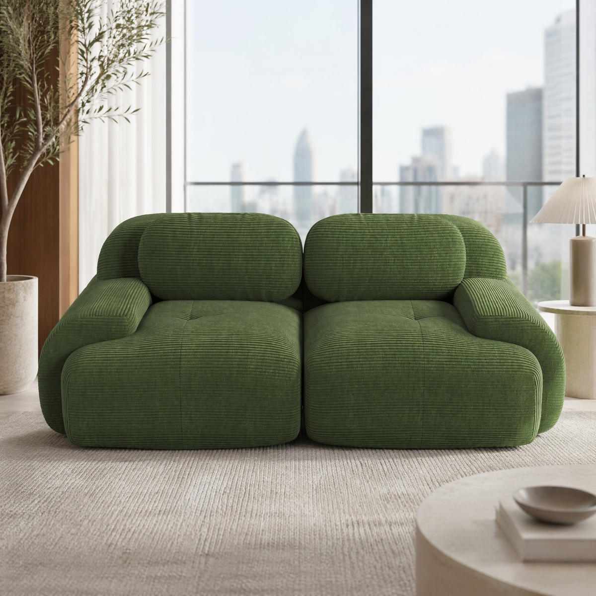 SOFA 208/103/70 cm in Grün aus Cord mit rutschfester Unterseite - Grün, Textil (103/70/208cm) - Flora Grace