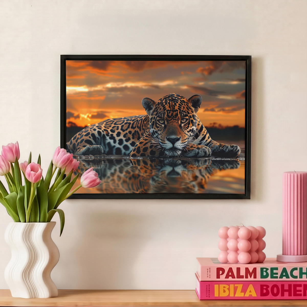 LEINWAND Bilder mit Rahmen - Natur - Leopard - Tier - Sonnenuntergang - Modern - 40x30 - Orange, Textil (40/30cm) - MuchoWow