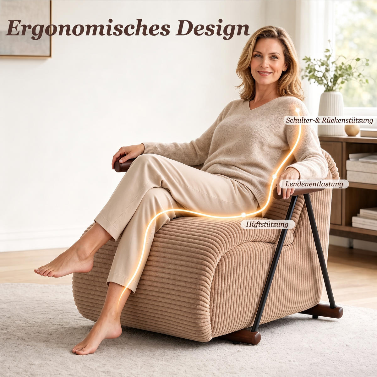 XXL-SESSEL mit Armlehnen, Cord Loungesessel, Ergonomisch, Hellbraun - Hellbraun, Textil/Metall (71/75/100cm) - LVHOM