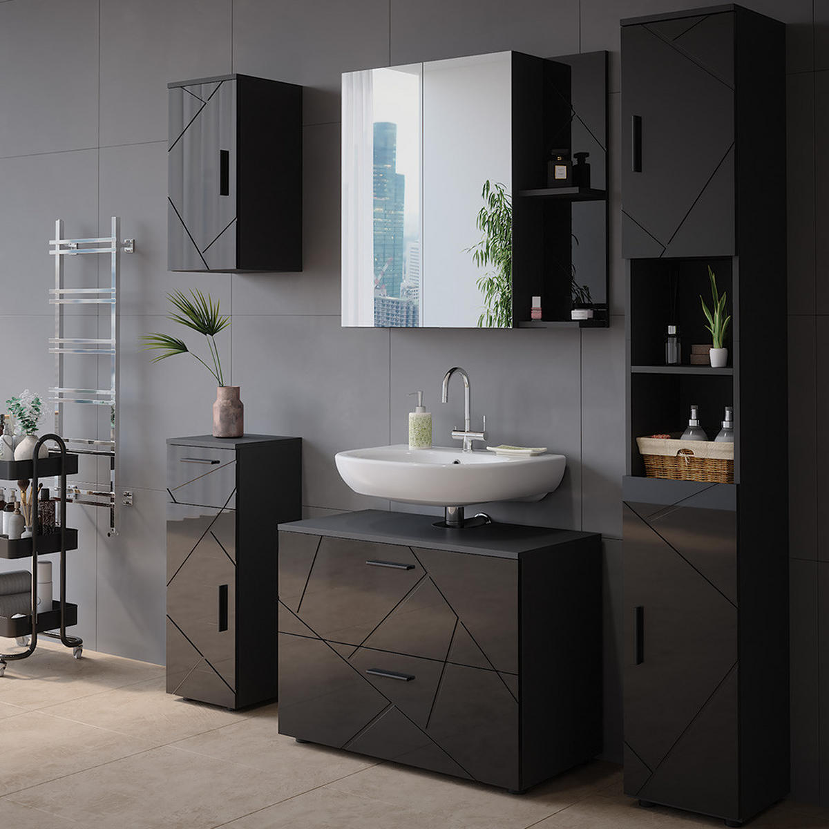 BADSPIEGELSCHRANK Irma Anthrazit Hochglanz 80 x 75 cm - Anthrazit, Holzwerkstoff (80/75/17.2cm) - Vicco