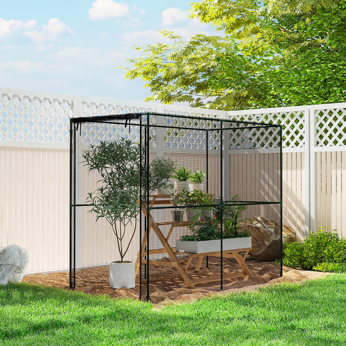 INSEKTENSCHUTZNETZ Feinmaschig Pflanzenschutznetz mit Reißverschlusstür - Schwarz, Metall (100/160/200cm) - Outsunny