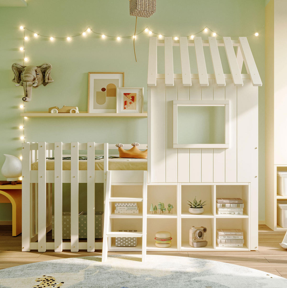 HAUSBETT 90/200 cm in Weiß aus Massivholz mit Hausdach und Stauraum - Weiß, Holz (90/200cm) - OKMYHOME
