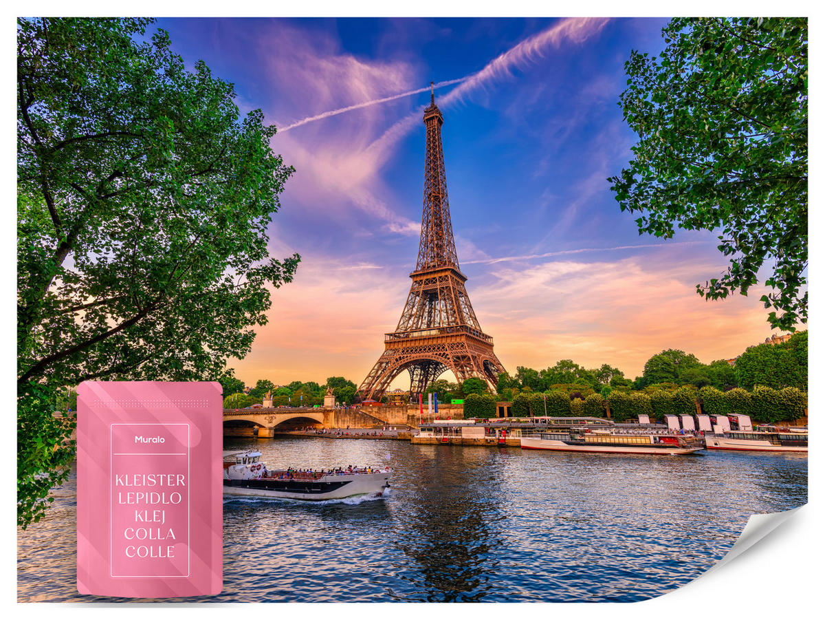 FOTOTAPETE Eiffelturm Paris Architektur 3D 500x350 - Blau/Gelb, Papier (500/350cm) - Muralo