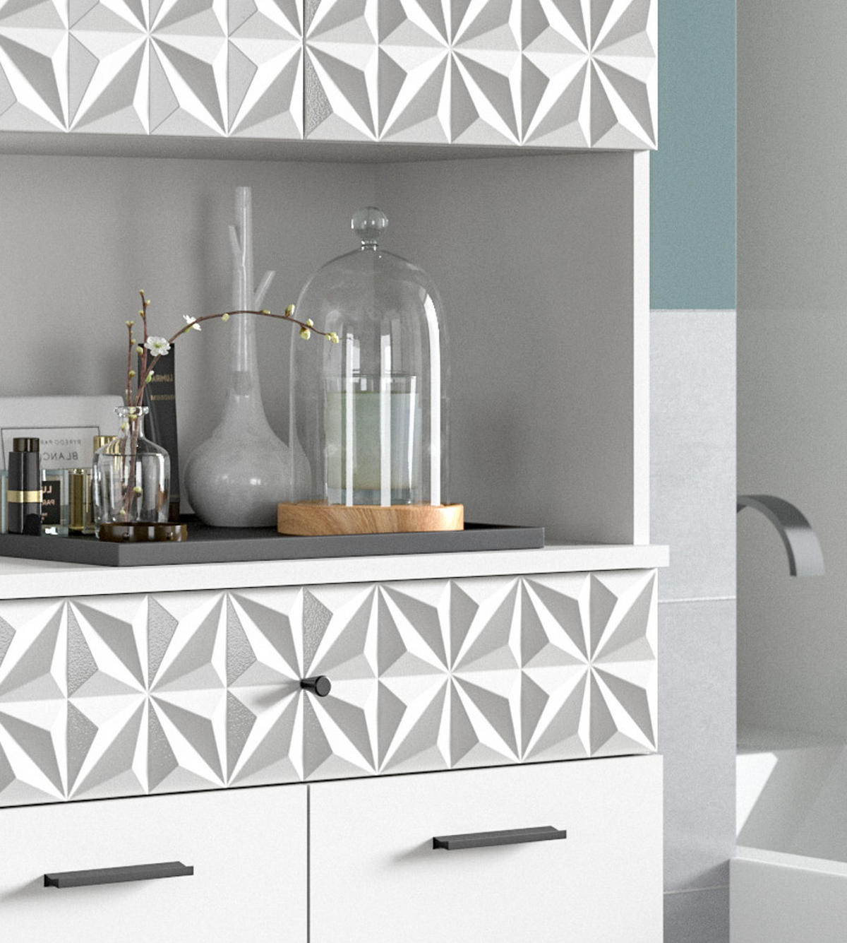 HOCHSCHRANK weiß Hochglanz 70 cm, Badschrank mit 3D-Struktur - Weiß Hochglanz/Schwarz, Holzwerkstoff/Kunststoff (70/187/34cm) - Inn.Furn