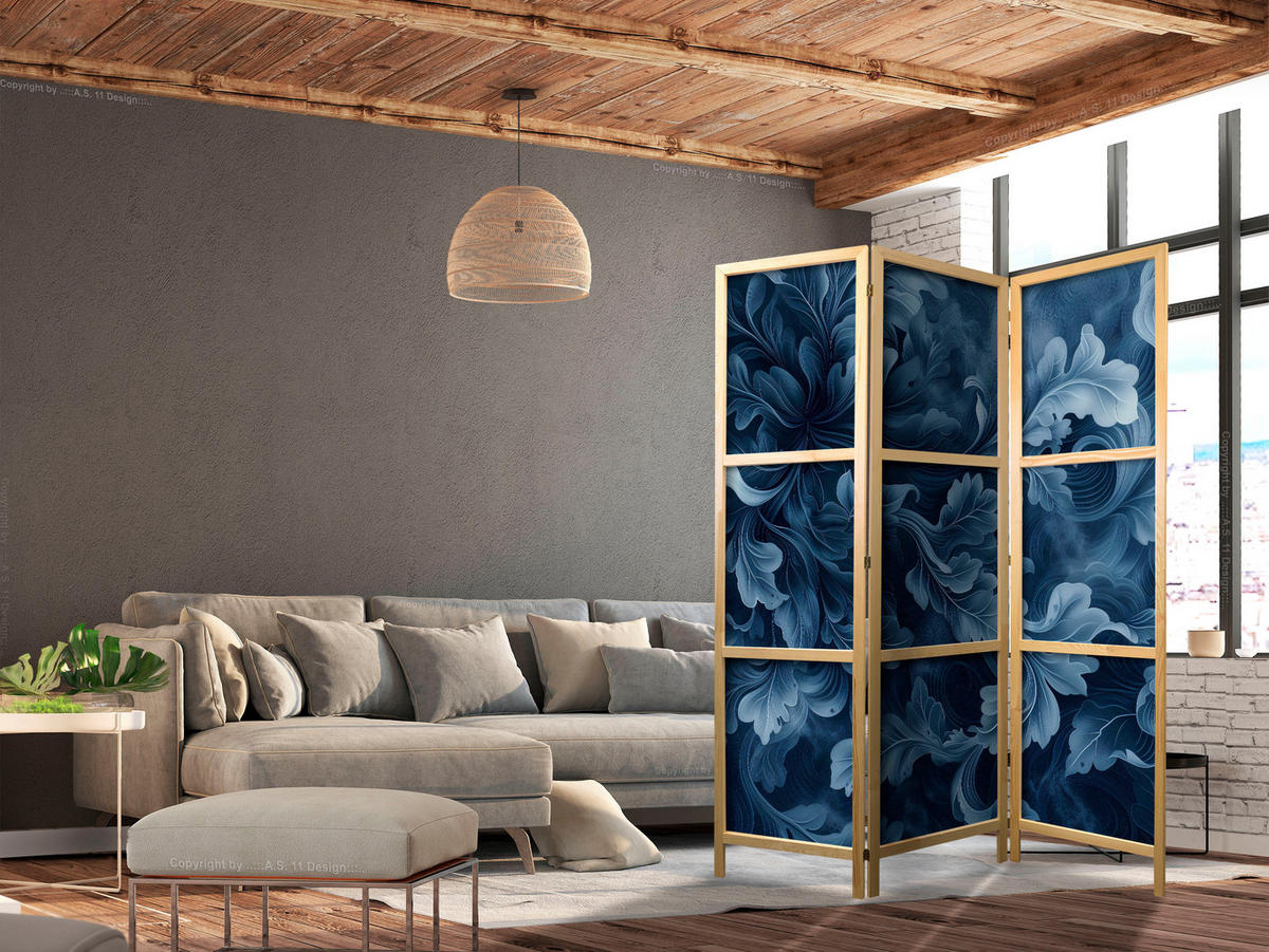 PARAVENT Japanischer 3-tlg 135x172 cm Bl tter Ornamente - Blau, Holz/Textil (135/172/3cm) - Muralo