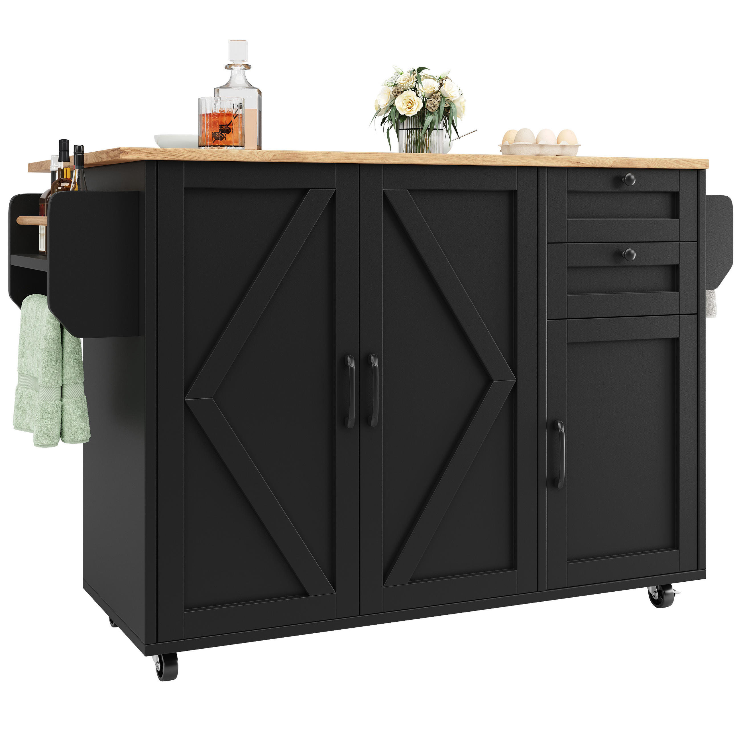 KÜCHENINSEL in Schwarz Servierwagen mit Speicherraum und Snackregalen für Küche und Esszimmer, B120/T43.2/H92 cm - Schwarz, Holzwerkstoff/Metall (120/92/43.5cm) - STILVORA