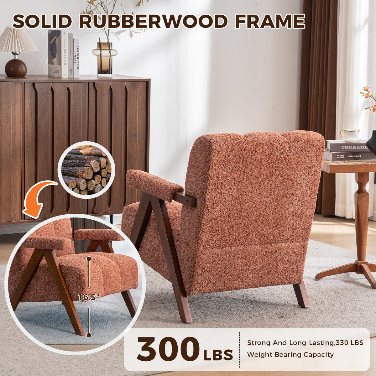 FÅTÖLJ i Bouclé och Ekträ, modern accentstol - Rostfärgad, Trä (77/77/68.5cm) - Urban Meuble