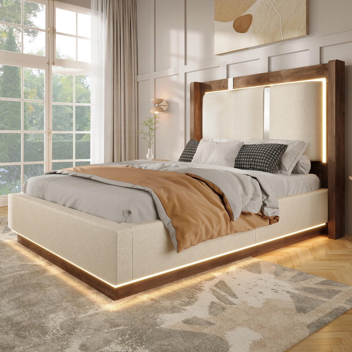 BETT mit Bettkasten LED 90x200 cm Leinen Beige - Beige, Holzwerkstoff (90/200cm) - Meubliv
