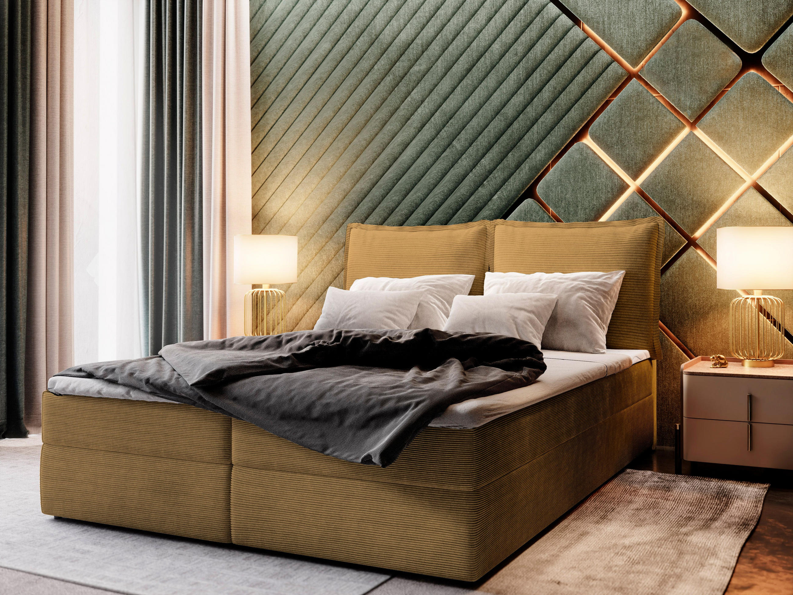 BOXBETT LENTE 180x200 cm mit Matratze und Topper - Gelb - Gelb, Holz (180/200cm) - MASSENO