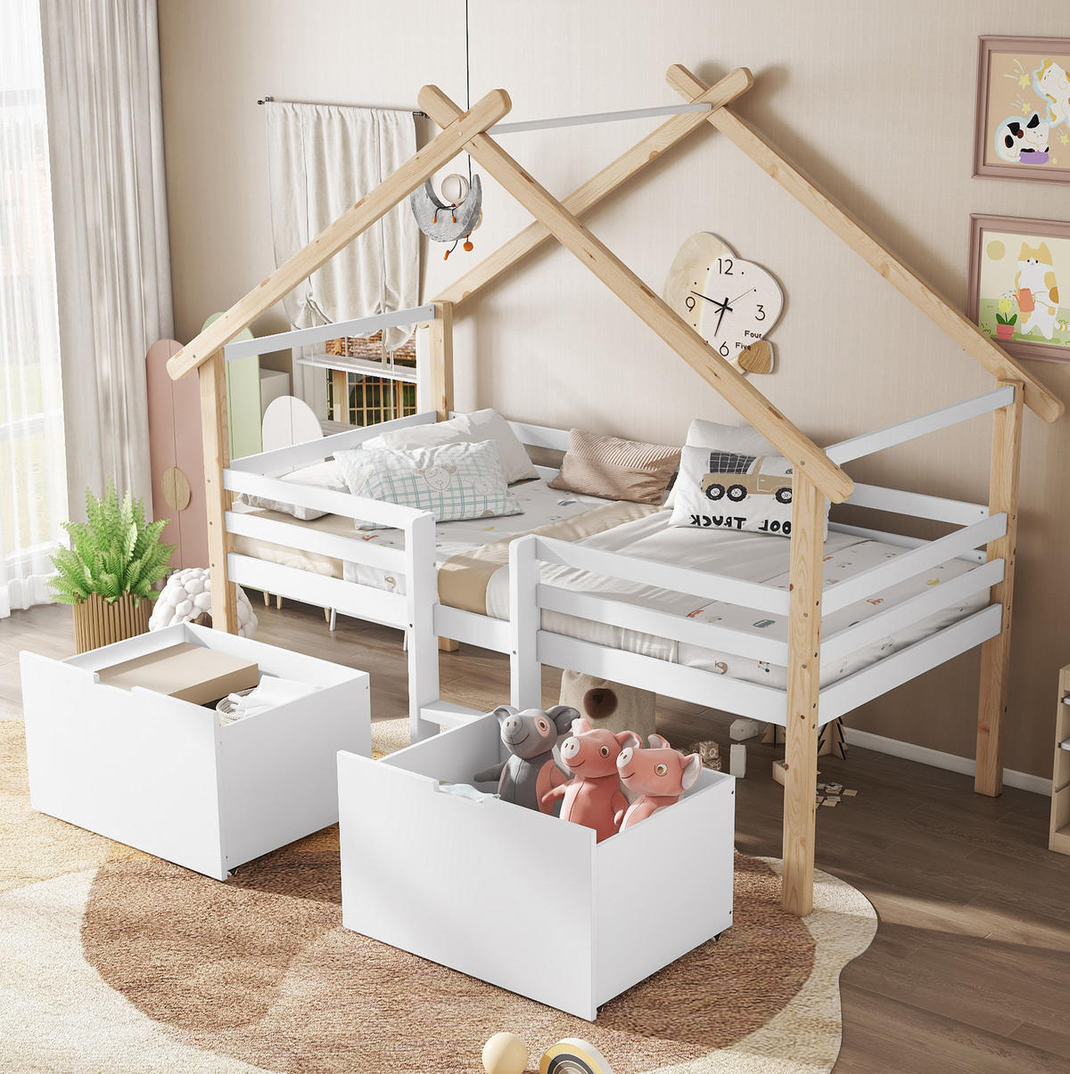 HAUSBETT 90/200 cm Weiß/Natur aus Kiefer und MDF mit Dach, Treppe und 2 Schließfächern - Weiß, Holzwerkstoff (90/200cm) - OKMYHOME
