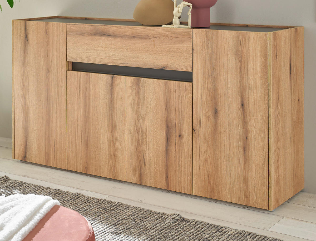 SIDEBOARD Eiche Evoke, grau 170 cm, Kommode 4-türig - Eichefarben/Schwarz, Holz/Holzwerkstoff (170/87/40cm) - Furn.Design