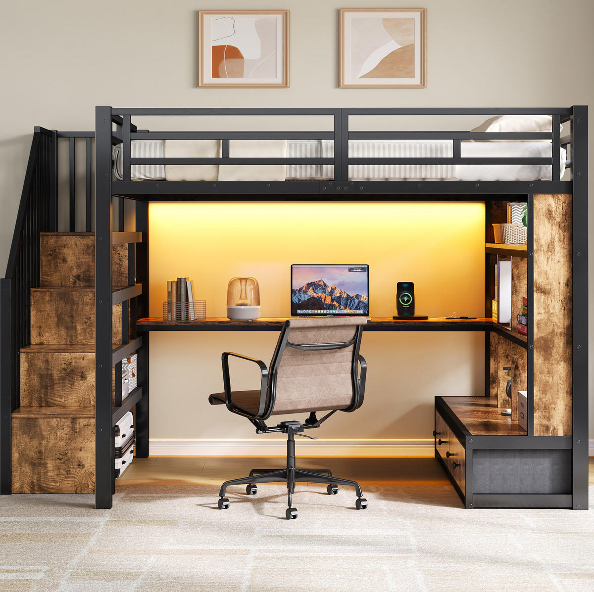 HOCHBETT 140/200 cm mit Schreibtisch, Regalen, 2 Schubladen, Stauraumtreppe und LED-Beleuchtung, Schwarz - Schwarz, Holzwerkstoff (140/200cm) - Redom