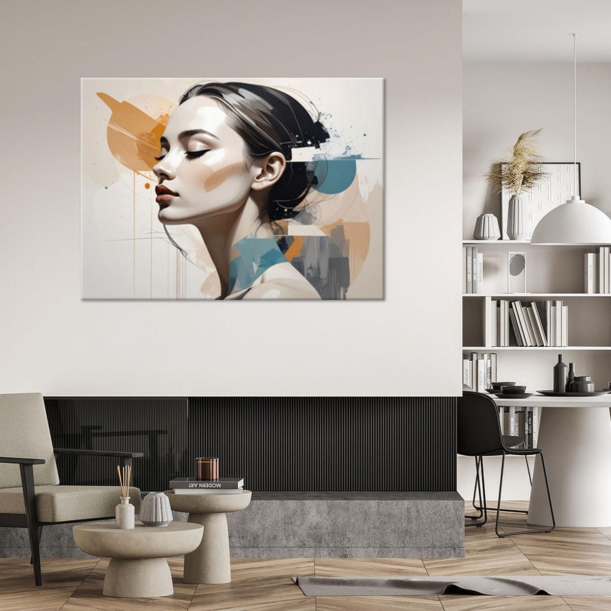 LEINWANDBILD, Profil einer Frau in einer abstrakten Komposition - Beige, Textil (100/70cm) - Feeby