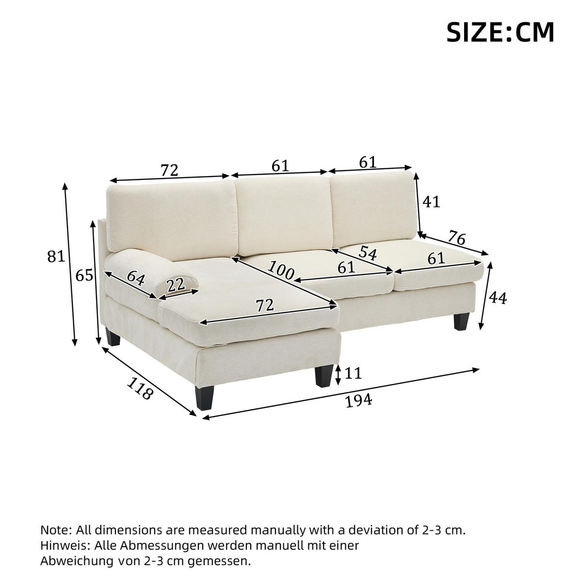 ECKSOFA L-Form, Stoff mit bequemer Polsterung, 194/118/81 cm, Beige - Beige, Textil (118/194cm) - Redom