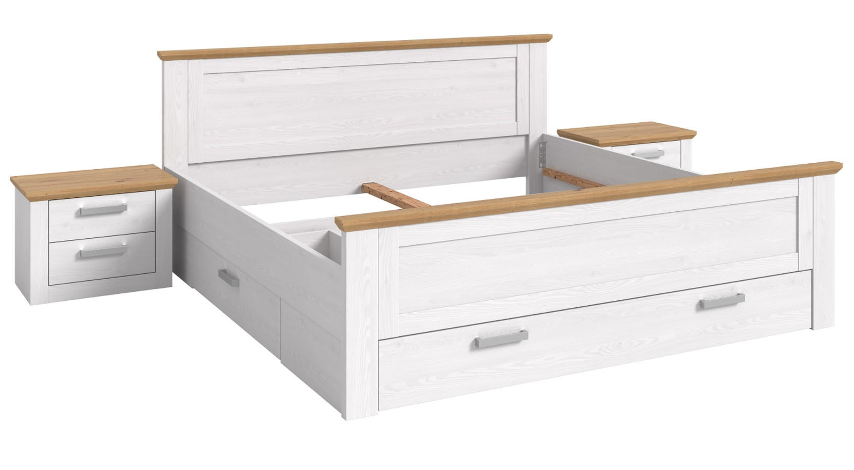 SCHLAFZIMMER weiß Lärche, Eiche Artisan Landhaus Set mit Bett inklusive Bettschubkästen, 2x Nachttisch - Eichefarben/Silberfarben, Holzwerkstoff/Kunststoff (180/200cm) - Inn.Furn