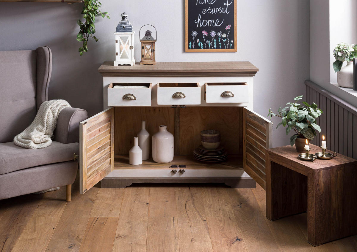 SIDEBOARD Mango 120x45x90 weiß lackiert TOULOUSE #106 - Weiß, Holz (120/90/45cm) - Massivmoebel24