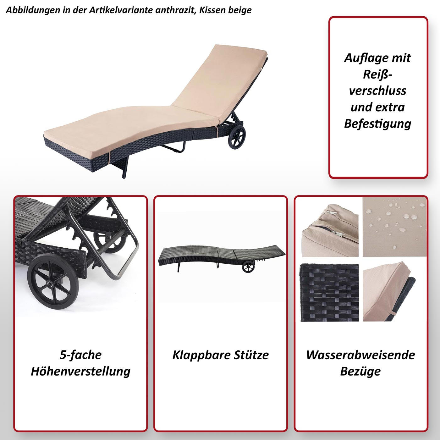 SONNENLIEGE Anthrazit, Beige - Anthrazit/Beige, Kunststoff (60/91/205cm) - MCW