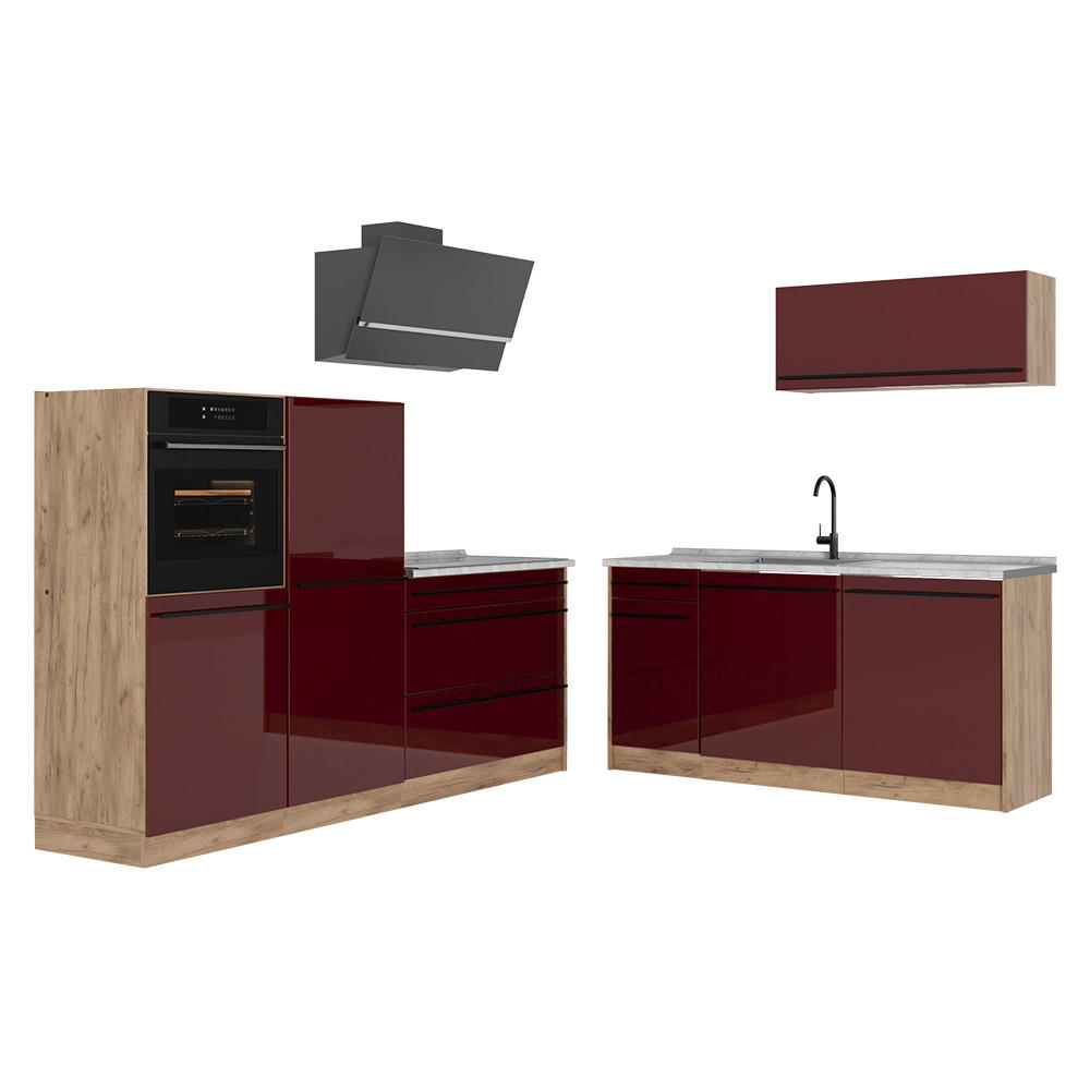 KÜCHENZEILE R-Line, Rot Hochglanz/Goldkraft Eiche, 220 cm Arbeitsplatte Marmor - Honigeiche/Rot, Holzwerkstoff (220/143/60cm) - Vicco