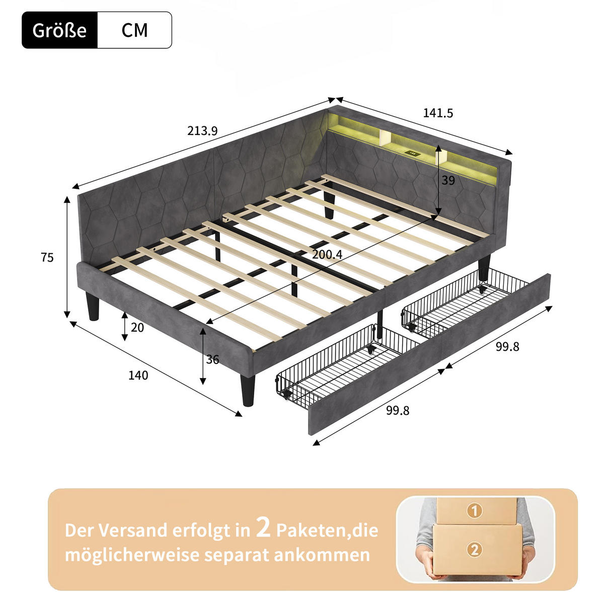 POLSTERBETT 140x200 cm Tagesbett mit 2 Schubladen, LED & USB, Doppelbett mit Kopfteil Stauraum, Grau - Grau, Metall (140/200cm) - EuroLiving