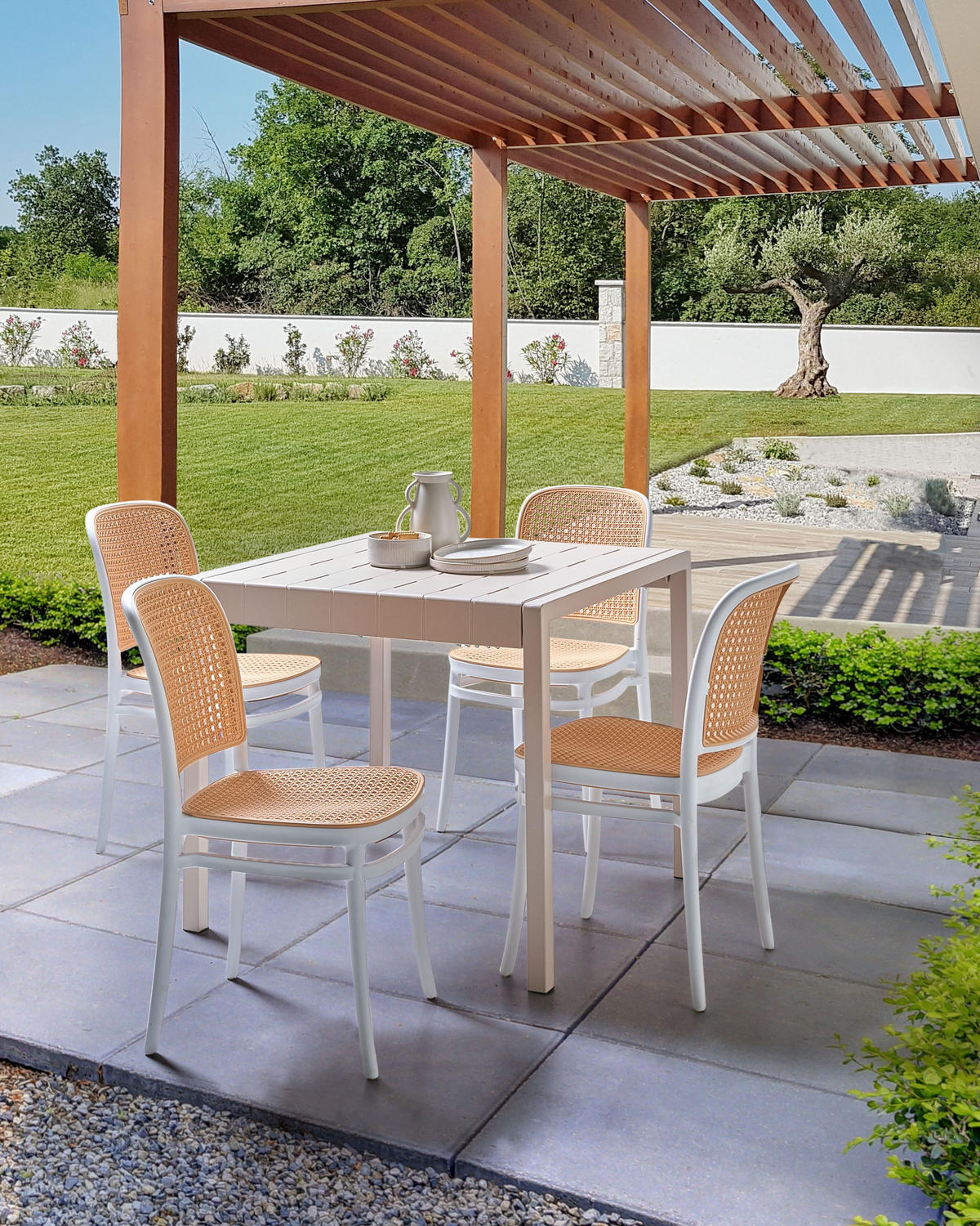 GARTENSTUHL 4er-Set Beige Plose - Beige/Weiß, Kunststoff (41/83/43cm) - Beliani