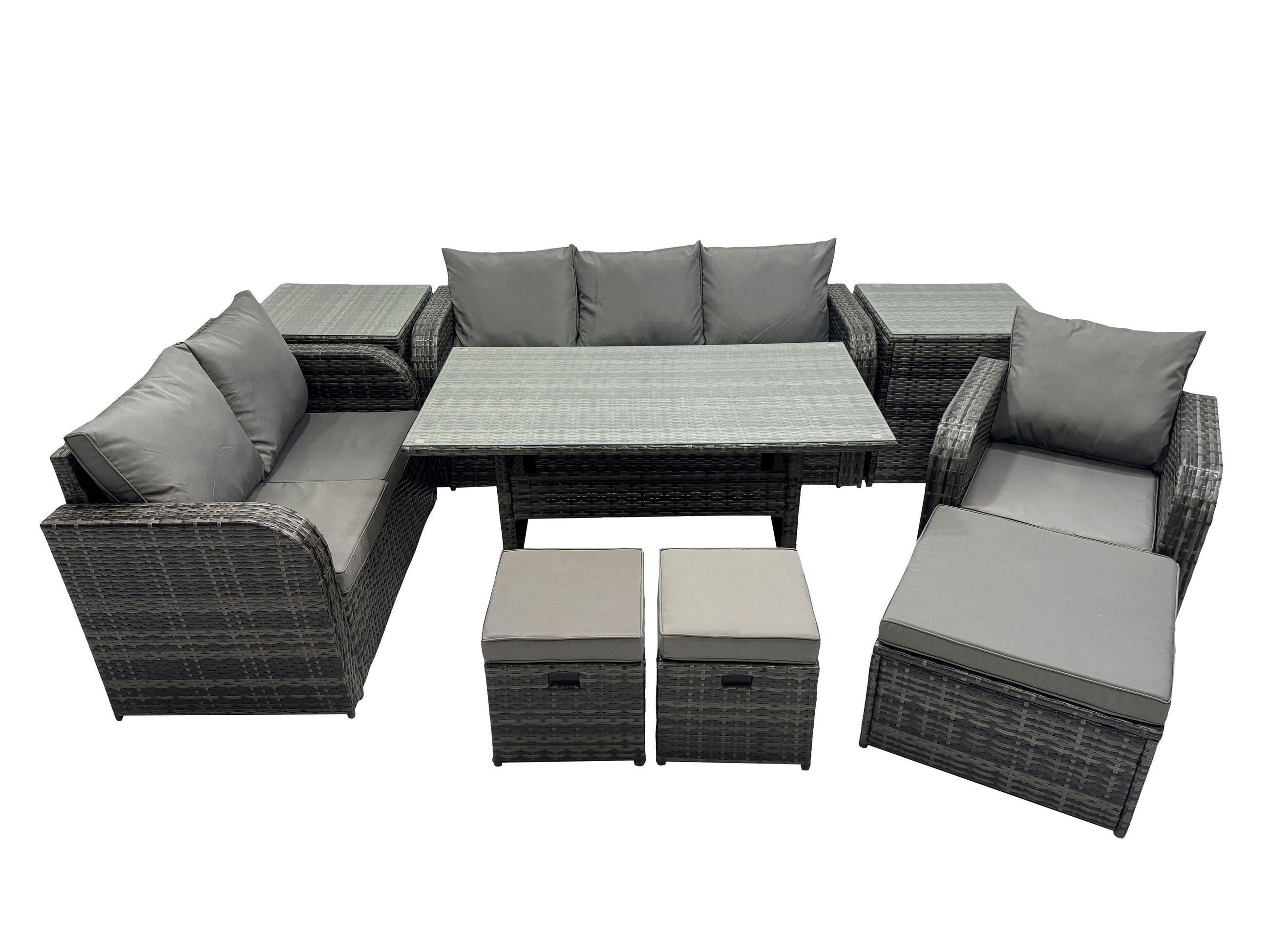 GARTENTISCHGRUPPE mit Liegestuhl,Hocker,Beistelltischen Polyrattan 9-Sitzer - Dunkelgrau/Grau, Glas/Kunststoff - Fimous