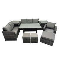 GARTENTISCHGRUPPE mit Liegestuhl,Hocker,Beistelltischen Polyrattan 9-Sitzer - Dunkelgrau/Grau, Glas/Kunststoff - Fimous