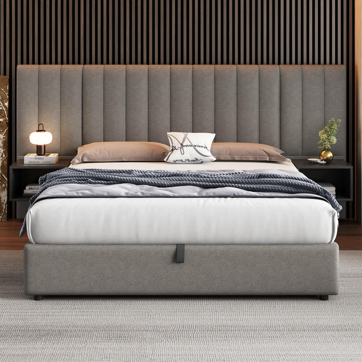 POLSTERBETT 160/200 cm grau aus Leinen mit Hydraulik-Stauraum und 2 Nachttischen - Grau, Textil (160/200cm) - OKWISH