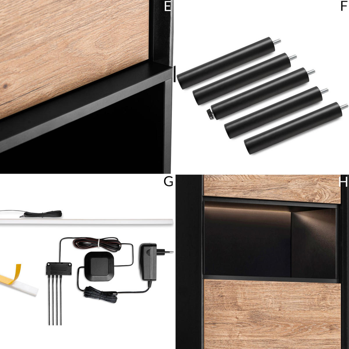 REGAL LOFTY Kreuzeinlage, schwarz / Eiche natur - Eichefarben/Schwarz, Holzwerkstoff (52/174/41cm) - KONSIMO®