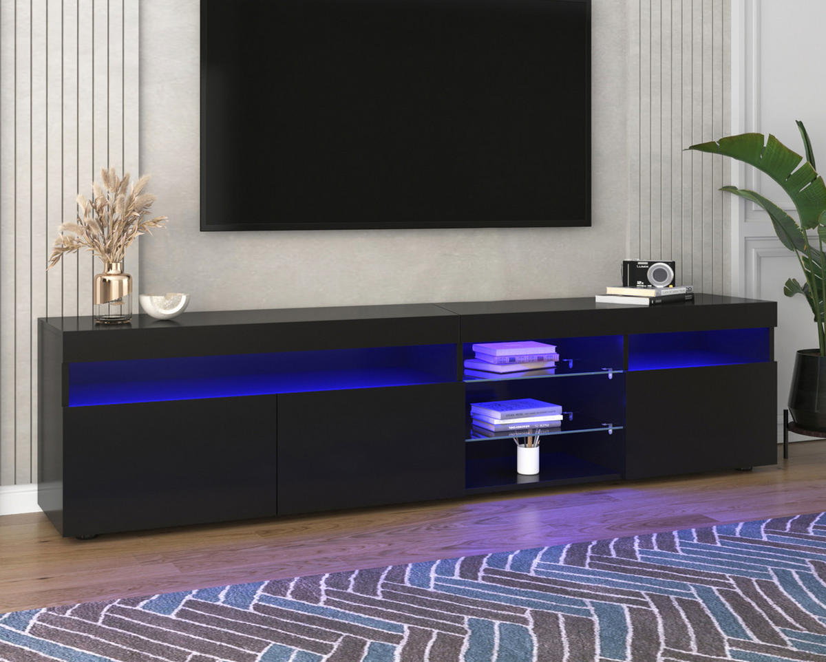 TV-LOWBOARD aus MDF 180x35x48 cm Schwarz mit LED-Beleuchtung und Hochglanz-Front - Schwarz, Holzwerkstoff (180/48/35cm) - Modfu