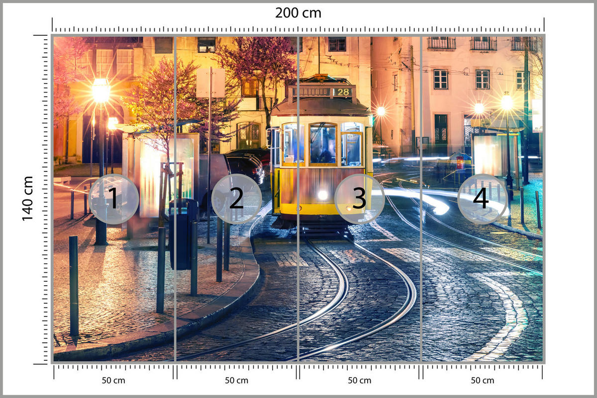 FOTOTAPETE für Wohnzimmer Lissabon Straßenbahn Nacht Altstadt 200x140 - Gelb/Beige, Papier (200/140cm) - Muralo