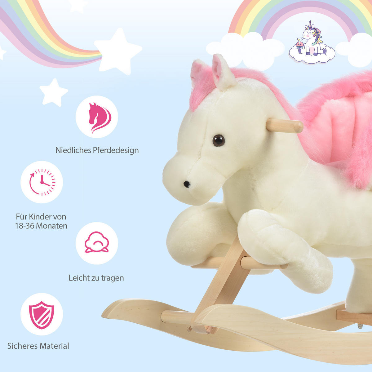 KINDER SCHAUKELTIER, Weiß+Rosa, Plüsch+ Holz - Weiß, Holz (28/57/70cm) - HOMCOM