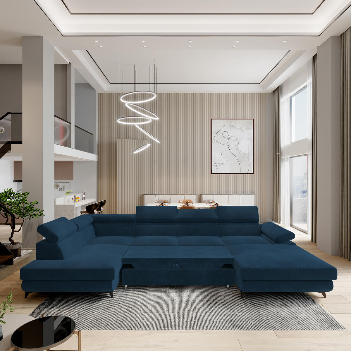 WOHNLANDSCHAFT RUBANO L-S Blau Velours-Stoff mit Schlaffunktion - Blau, Holz (339/89/190cm) - MASSENO