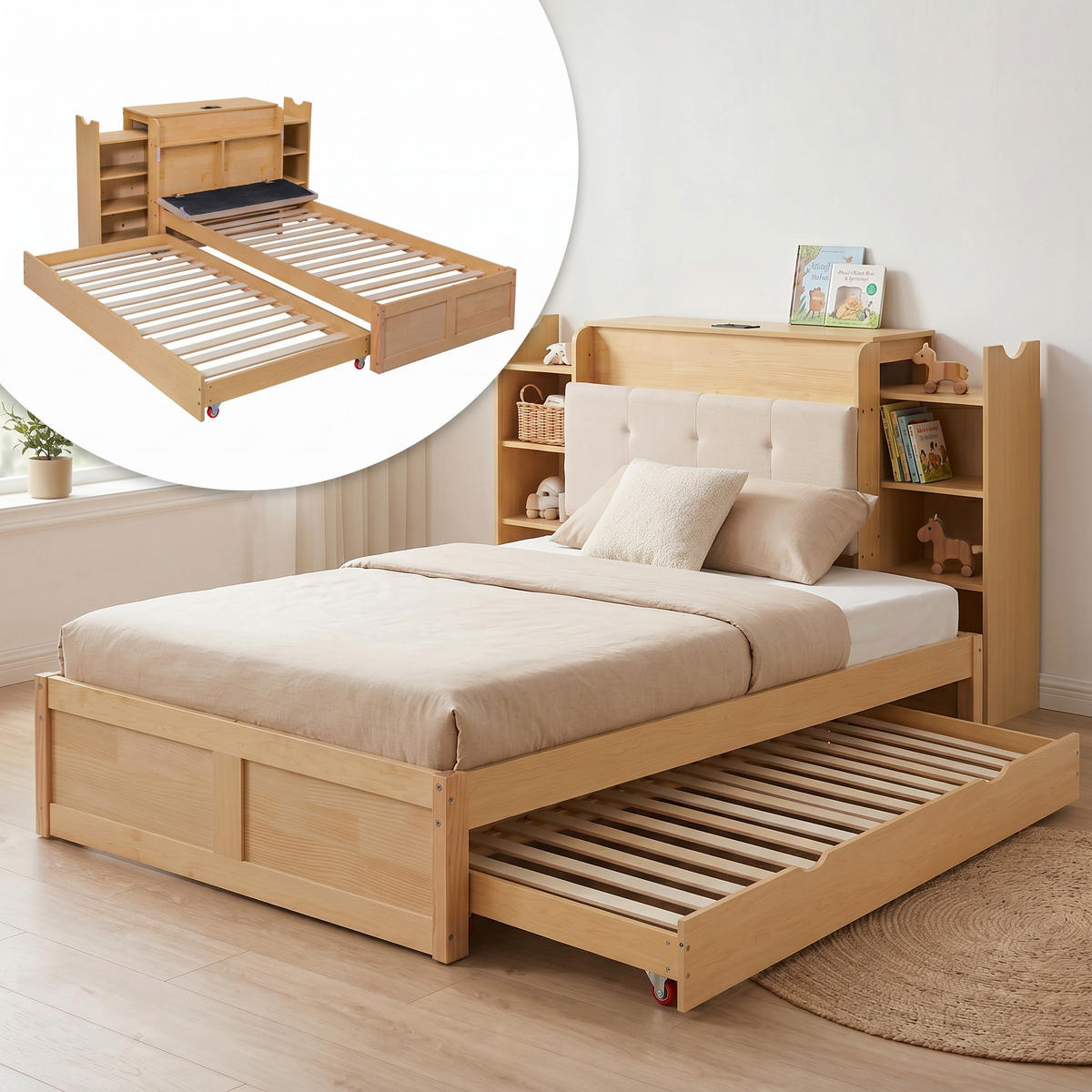 BETT 90/200 cm in Naturholzfarben & Beige mit Ausziehbett, Ablage, USB - Naturfarben, Holz/Holzwerkstoff (90/200cm) - WISHDOR