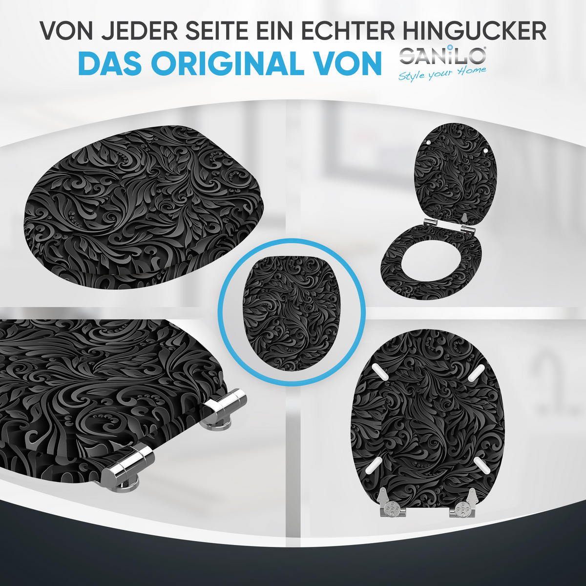 WC Sitz mit Absenkautomatik Floral - Schwarz, Holzwerkstoff (38/6/47cm) - Sanilo