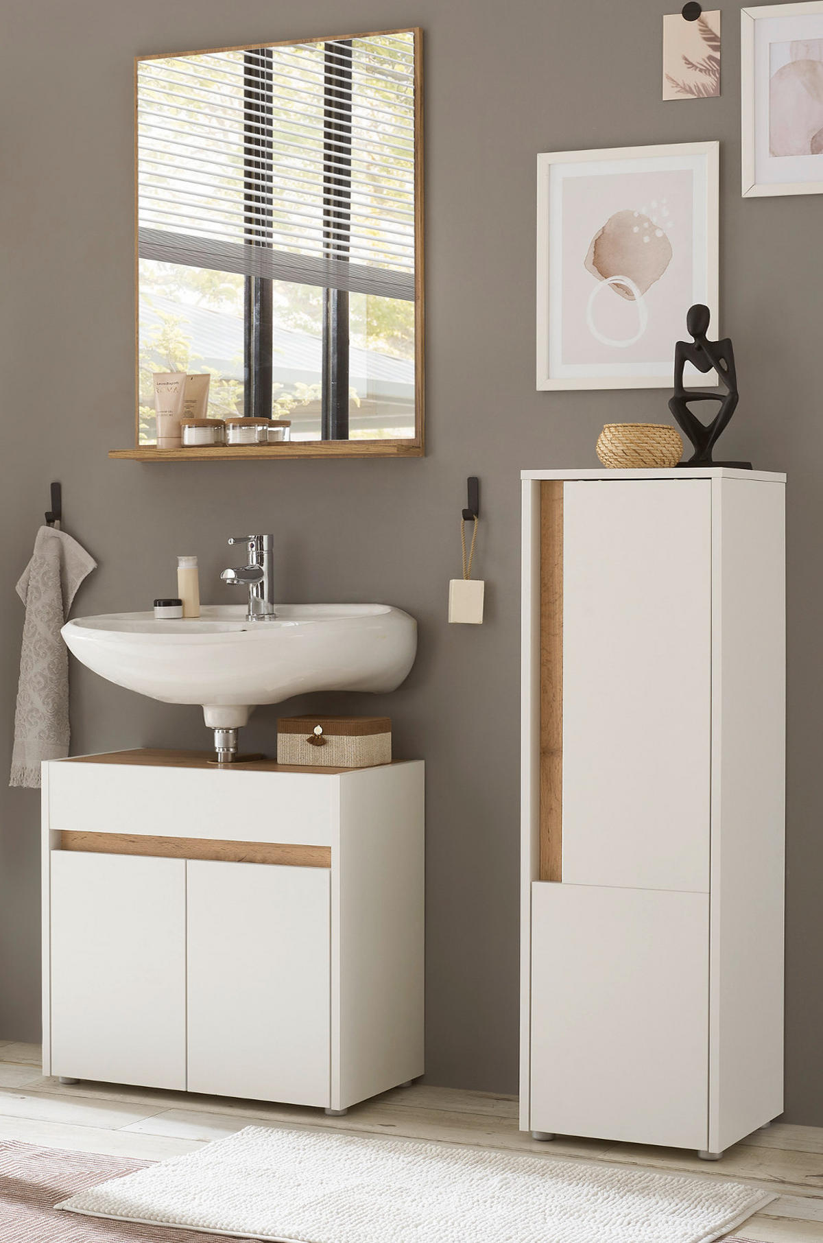 BADMÖBEL-SET 3-teilig weiß, Wotan Eiche, Badkombination 114 cm - Silberfarben/Eiche Wotan, Glas/Holz (116/200/34cm) - Furn.Design