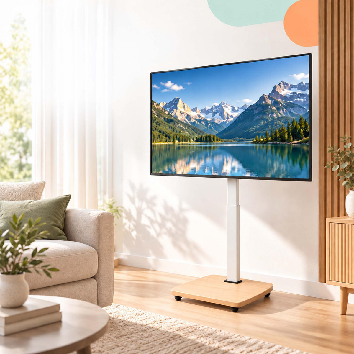 SUPORT Alb natural cu roți pentru TV 43-75 inch - alb, compozit lemnos/metal (60/134.5/38cm) - Relaxdays