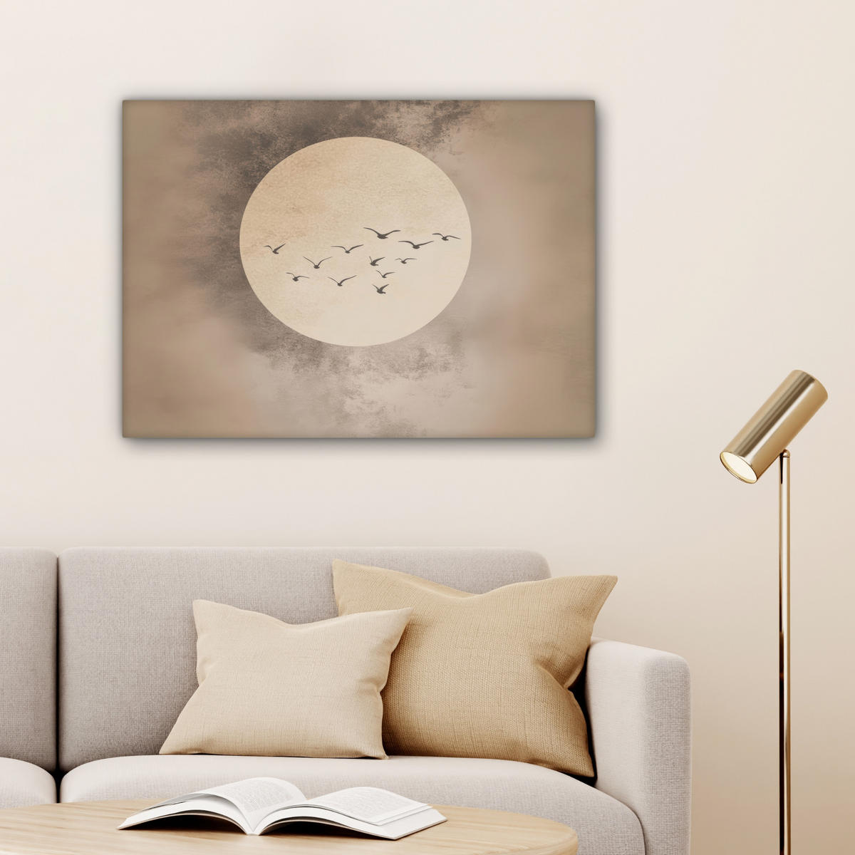 LEINWANDBILD Vogel - Beige - Japanisch Wandbilder 80x60 cm - Taupe, Textil (80/60cm) - MuchoWow