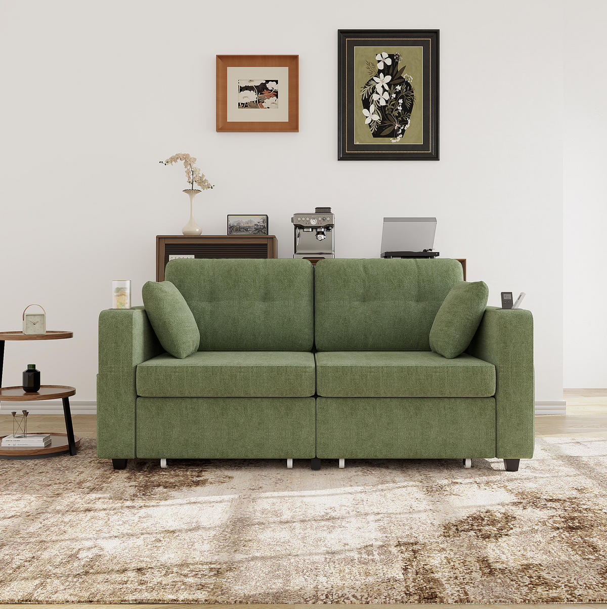 2-SITZER-SOFA 172/75/82 cm mit USB-Anschlüssen, Stauraumschubladen, Getränkehaltern und Seitentaschen, Olive - Salbeigrün, Textil (172/82/75cm) - Redom