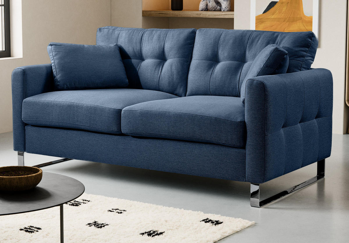 SOFA blau Flachgewebe 2-Sitzer 175 cm, Couch mit Steppoptik - Blau/Chromfarben, Holz/Textil (175/92/94cm) - Inn.Furn