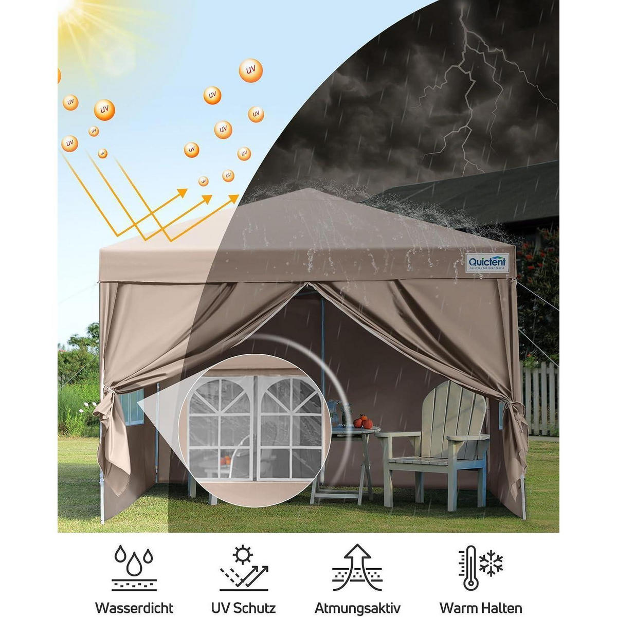 FALTPAVILLON 200 x 200 cm wasserdicht mit Seitenwänden UV-Schutz 50+ Beige - Beige, Textil (200/249/200cm)
