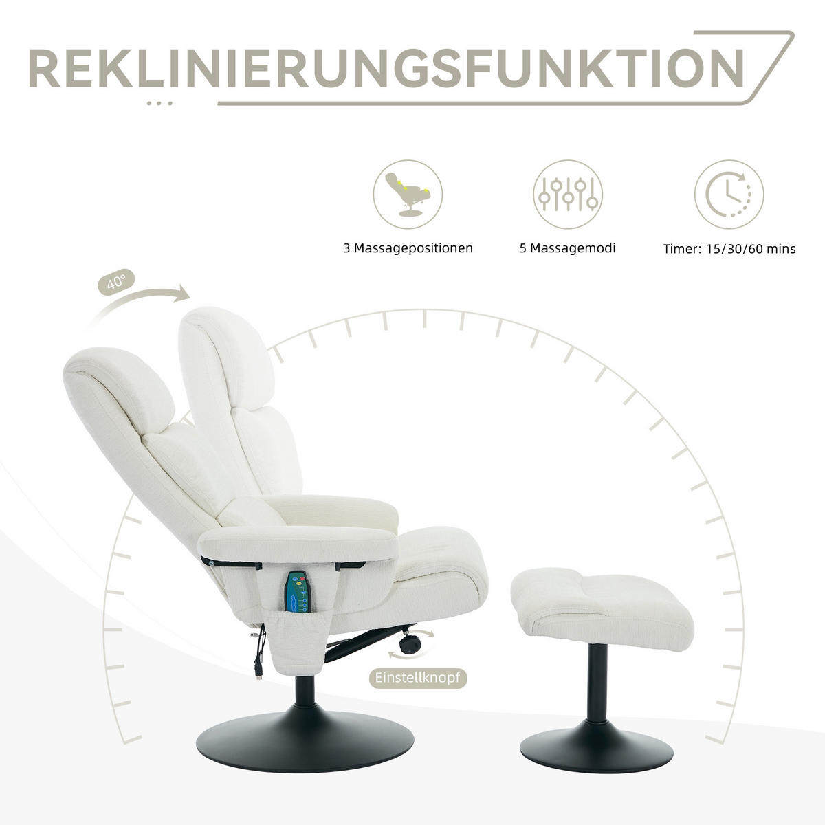 RELAXSESSEL Chenille Weiß mit Massagefunktion, Heizfunktion und Hocker - Weiß, Textil/Metall (50/94/98cm) - WISHDOR