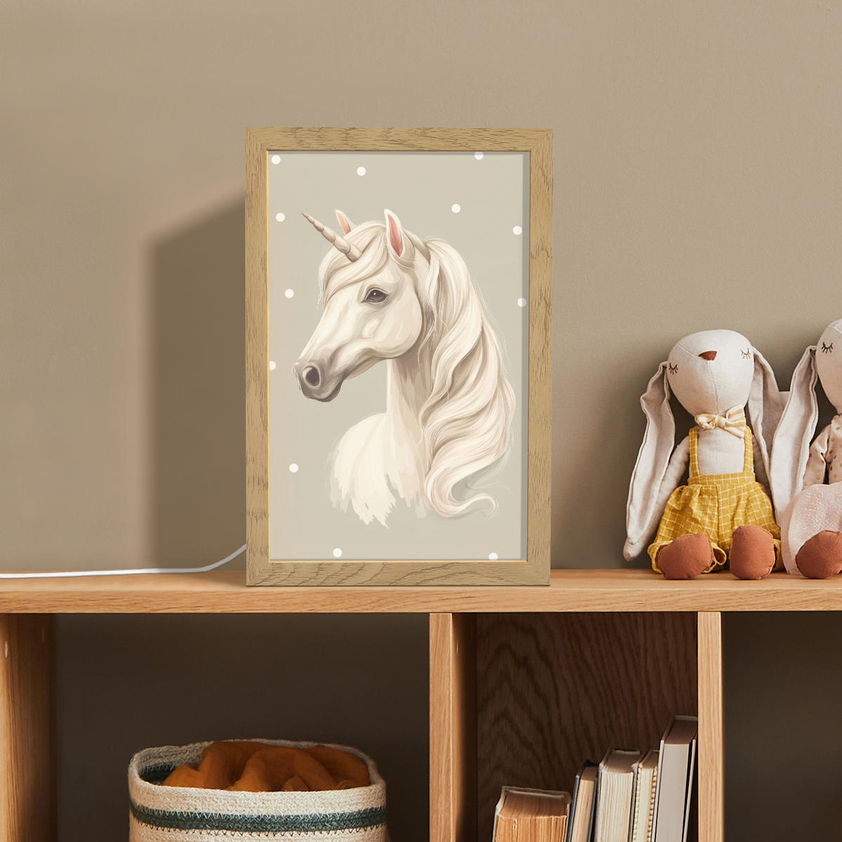 NACHTTISCHLAMPE Einhorn - Weiß - Punkte 20x30 cm - Taupe, Holzwerkstoff (8/20/30cm)