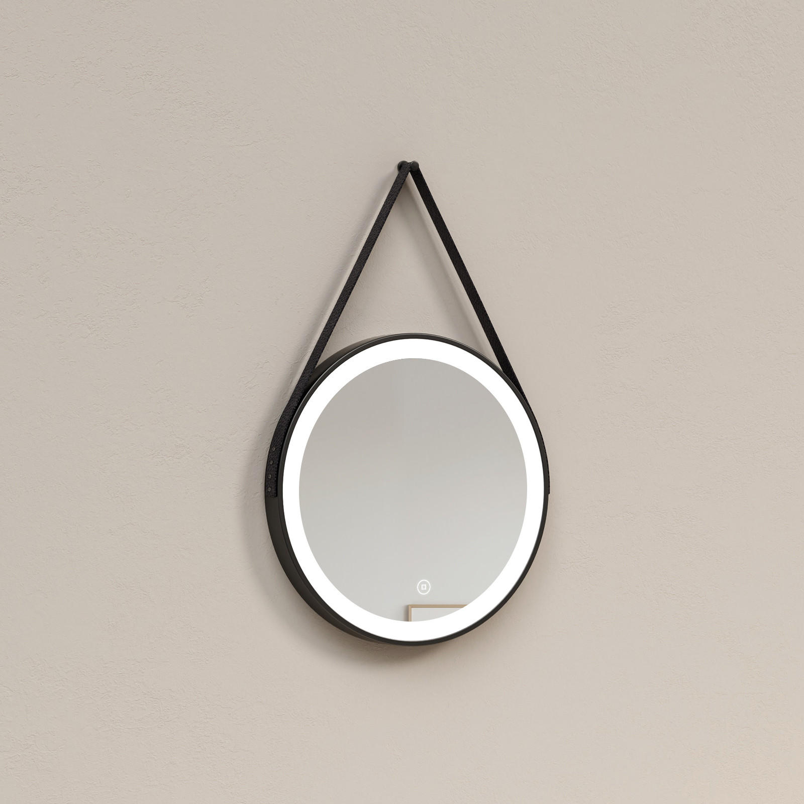 BADSPIEGEL Rund mit Beleuchtung mit Hängeriemen Schwarz ф50 cm - Schwarz, Glas (50/3/50cm) - EMKE