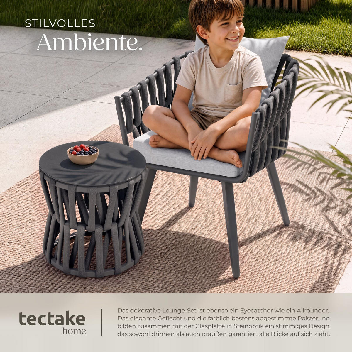 GARTENLOUNGE-SET aus Aluminium Lugano, höhenverstellbare Kunststofffüße, Sicherheitsglasplatte, anthrazit/grau - Anthrazit/Grau, Kunststoff - tectake