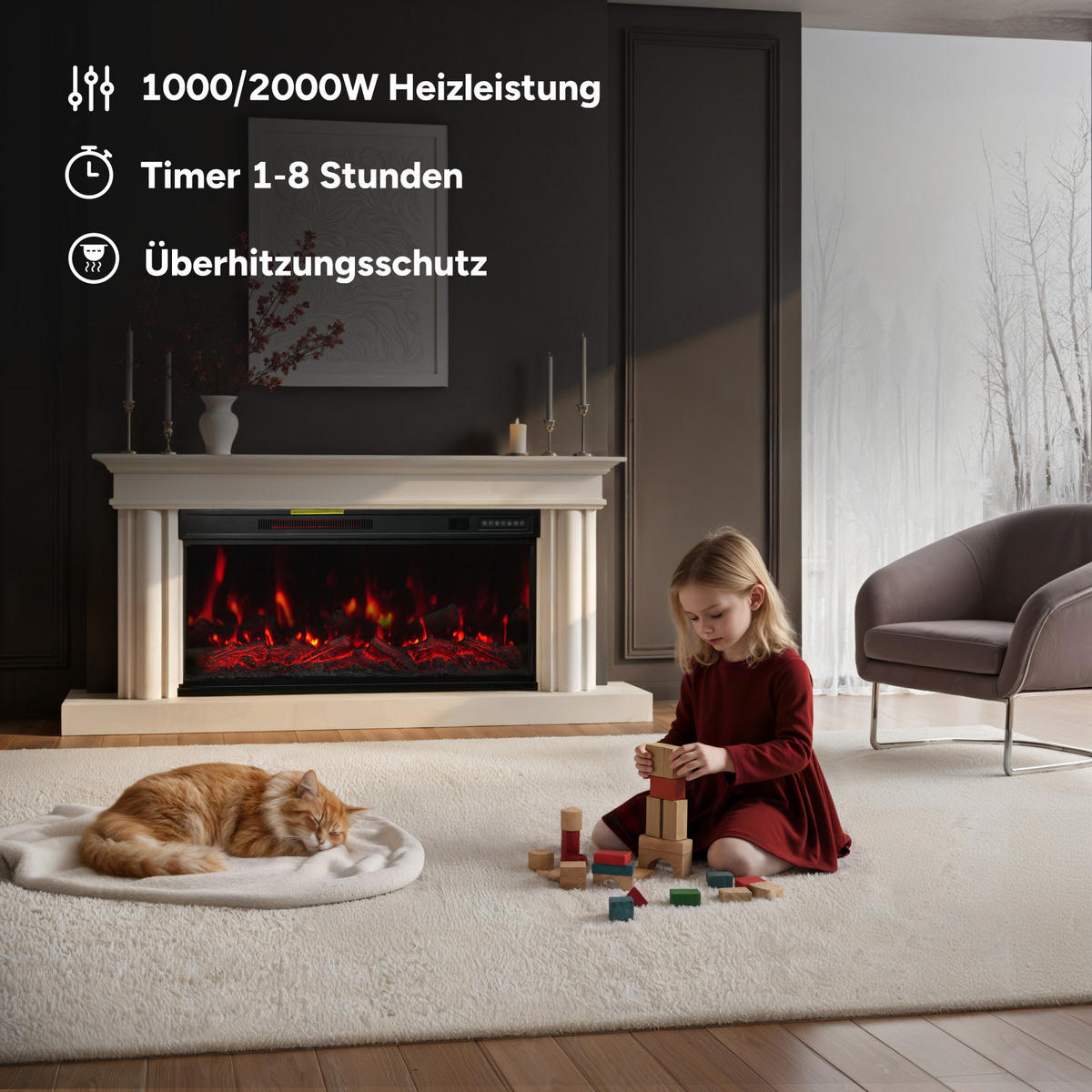 ELEKTROKAMIN mit Schrank, 1000W / 2000W Heizleistung - Schwarz, Metall (91.44/46/15cm) - HOMAVO